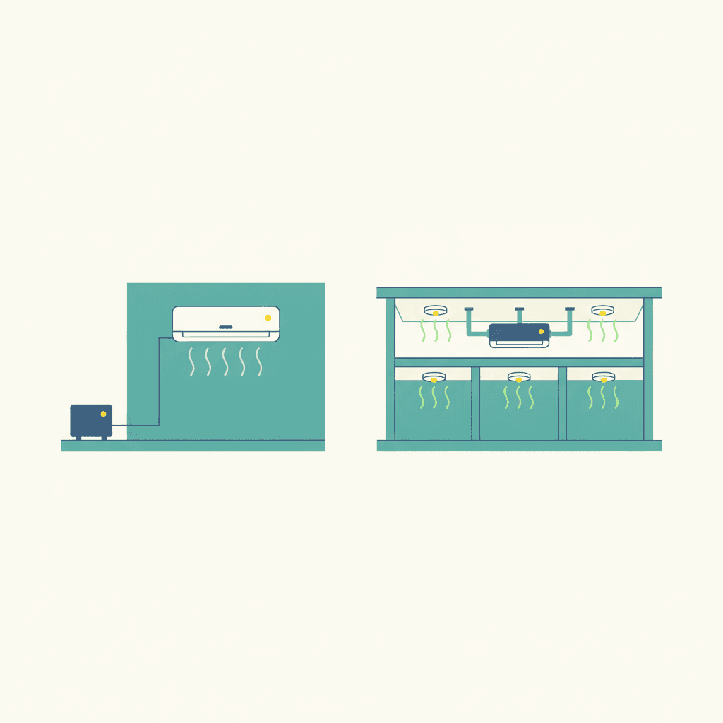 Ilustración que compara un aire acondicionado split en la pared de una estancia con un sistema por conductos oculto en el falso techo que climatiza varias habitaciones