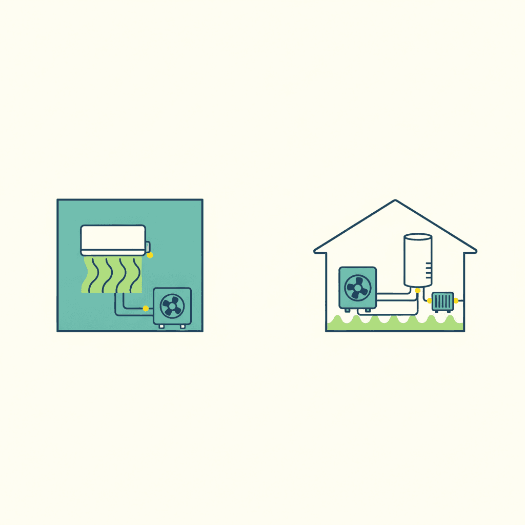 Ilustración que compara un sistema aire-aire (split que climatiza una estancia) con un sistema aire-agua (aerotermia con suelo radiante, radiador y agua caliente para toda la casa)