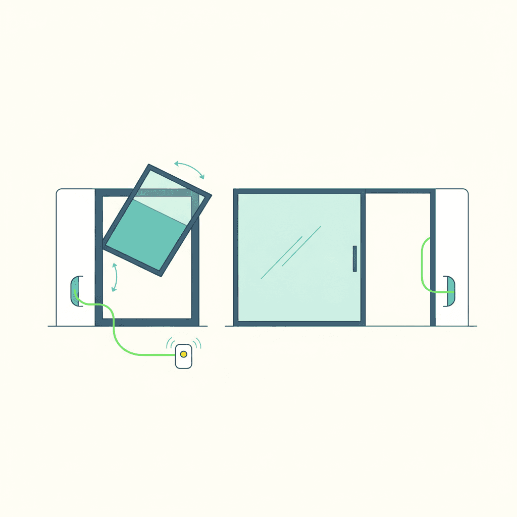 Ilustración vectorial plana de un sistema de apertura asistida y motorizada en una ventana de tejado, con mando a distancia y sensor de lluvia, sin texto