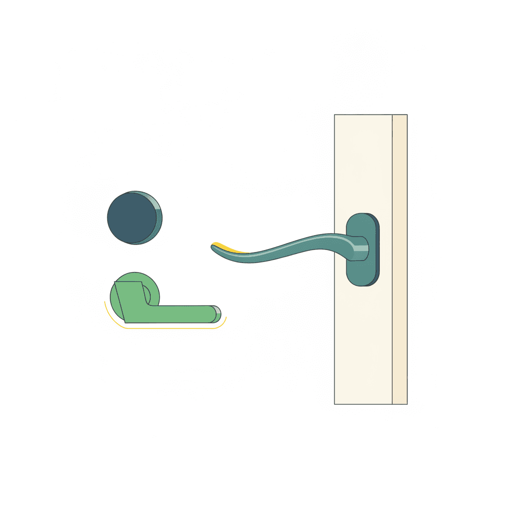 Ilustración vectorial plana de una ventana con detalle de manivela, cierre multipunto y sistema de apertura asistida, sin texto