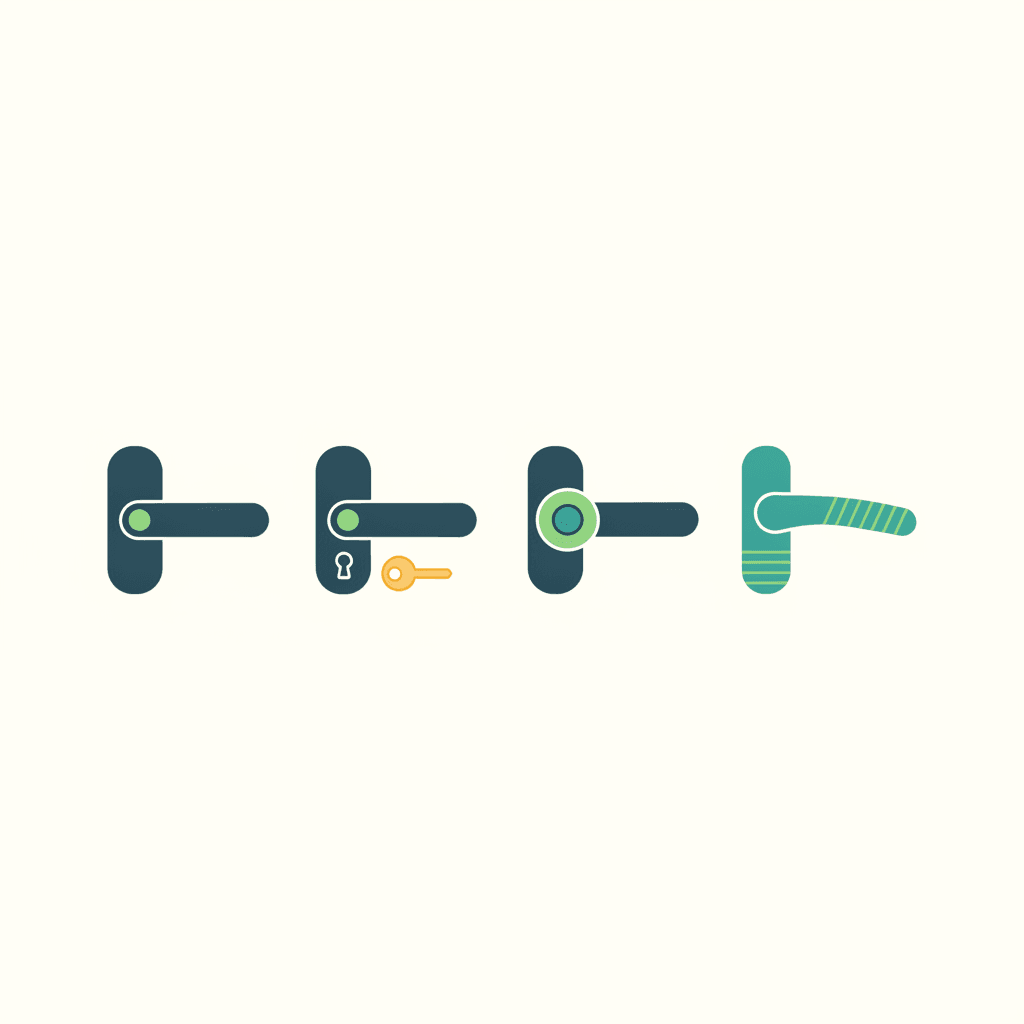 Ilustración vectorial plana con los distintos tipos de manivela de ventana: estándar, con llave, con botón antimanipulación y ergonómica de palanca larga, sin texto