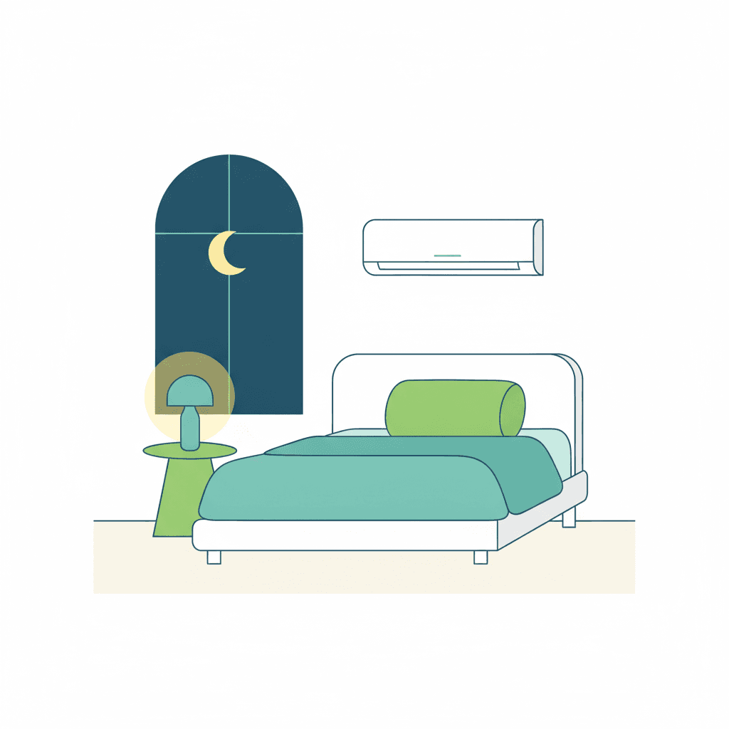 Un dormitorio de noche con el aire acondicionado en modo sleep nocturno