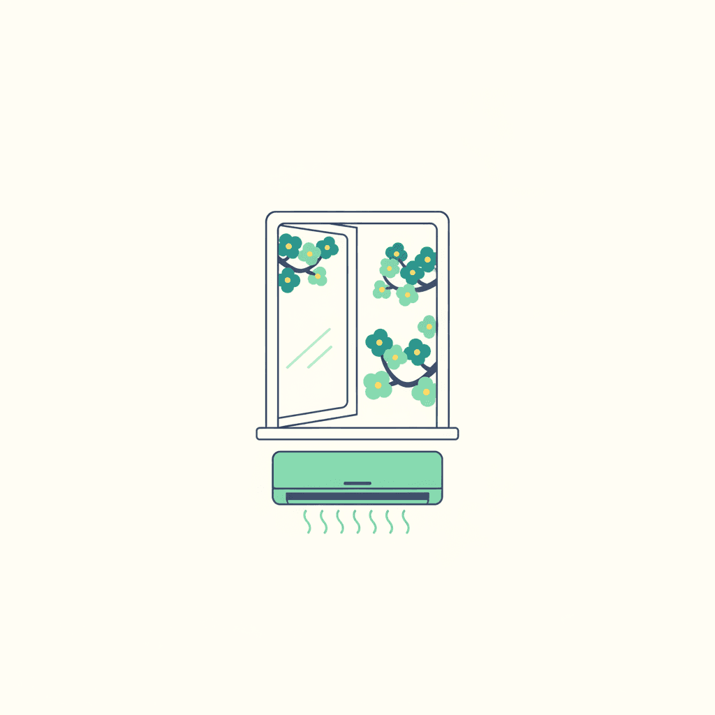 Ilustración vectorial plana de una vivienda con hojas de primavera y de otoño a cada lado y un split de aire acondicionado con un termómetro mostrando una diferencia de temperatura pequeña entre el exterior y el interior, sin texto