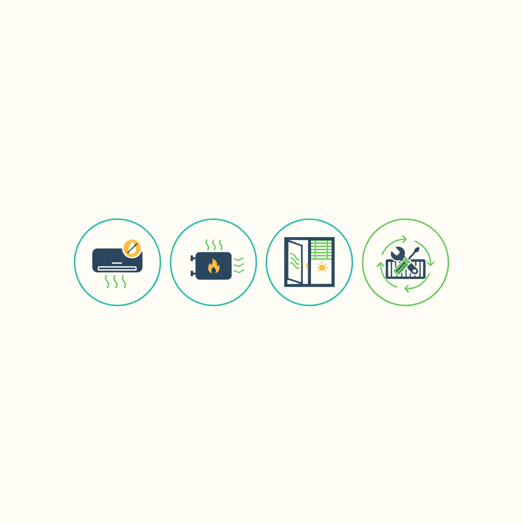 Ilustración vectorial plana con iconos de los usos del entretiempo: el modo DRY para el bochorno, un split calentando una sola estancia por la mañana, una ventana abierta con la persiana bajada y una herramienta de mantenimiento, sin texto