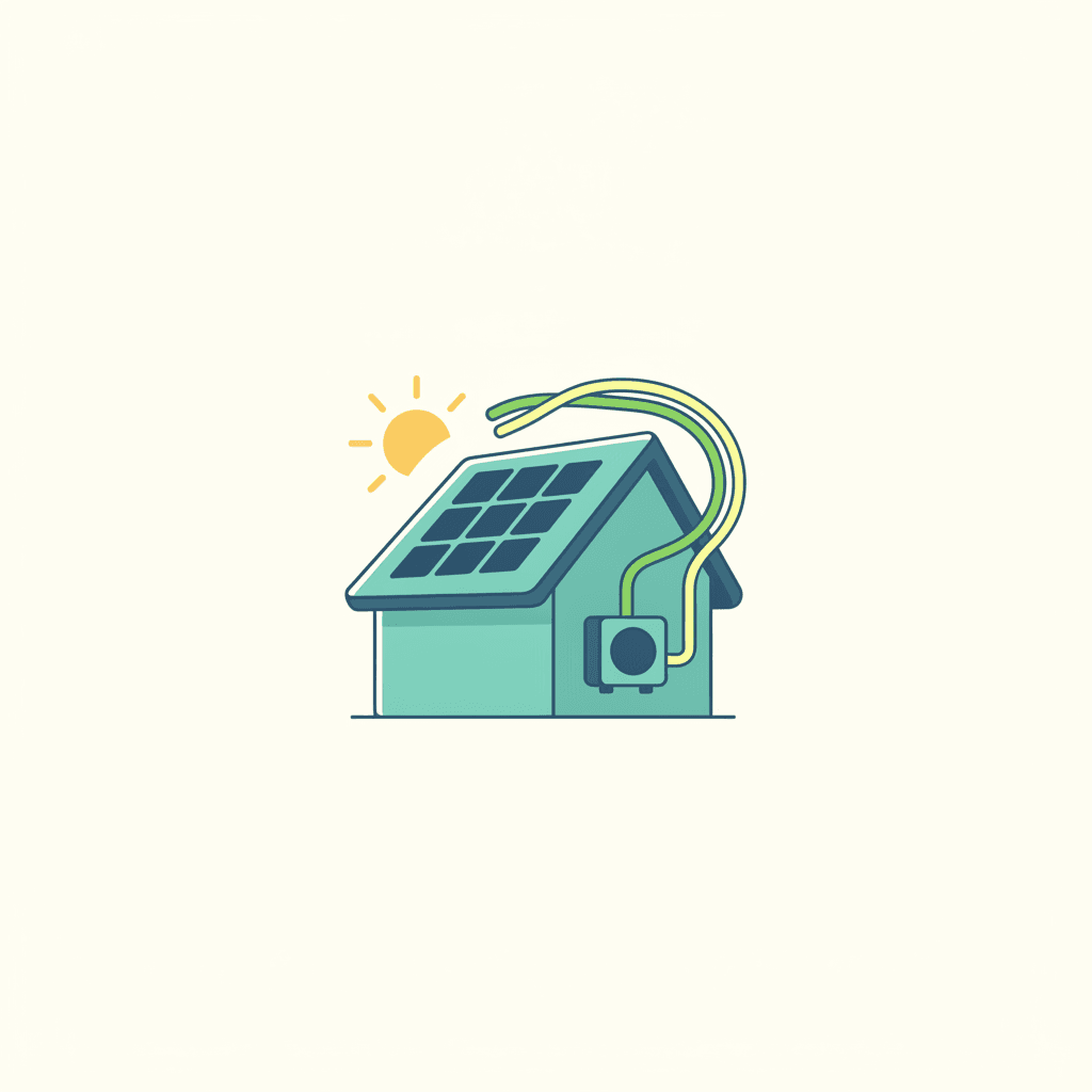 Vivienda con placas solares en el tejado y una unidad de aerotermia alimentada por la energía solar