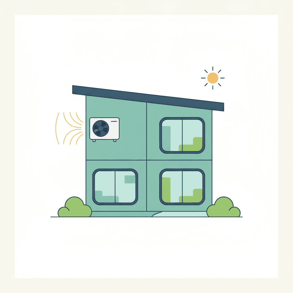 Ilustración de una vivienda fresca en verano con una unidad de aerotermia expulsando el calor al exterior