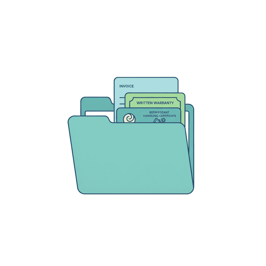 Ilustración vectorial plana de una lista de comprobación junto a una aerotermia, con iconos de factura, certificado de refrigerante e instalador habilitado, sin texto