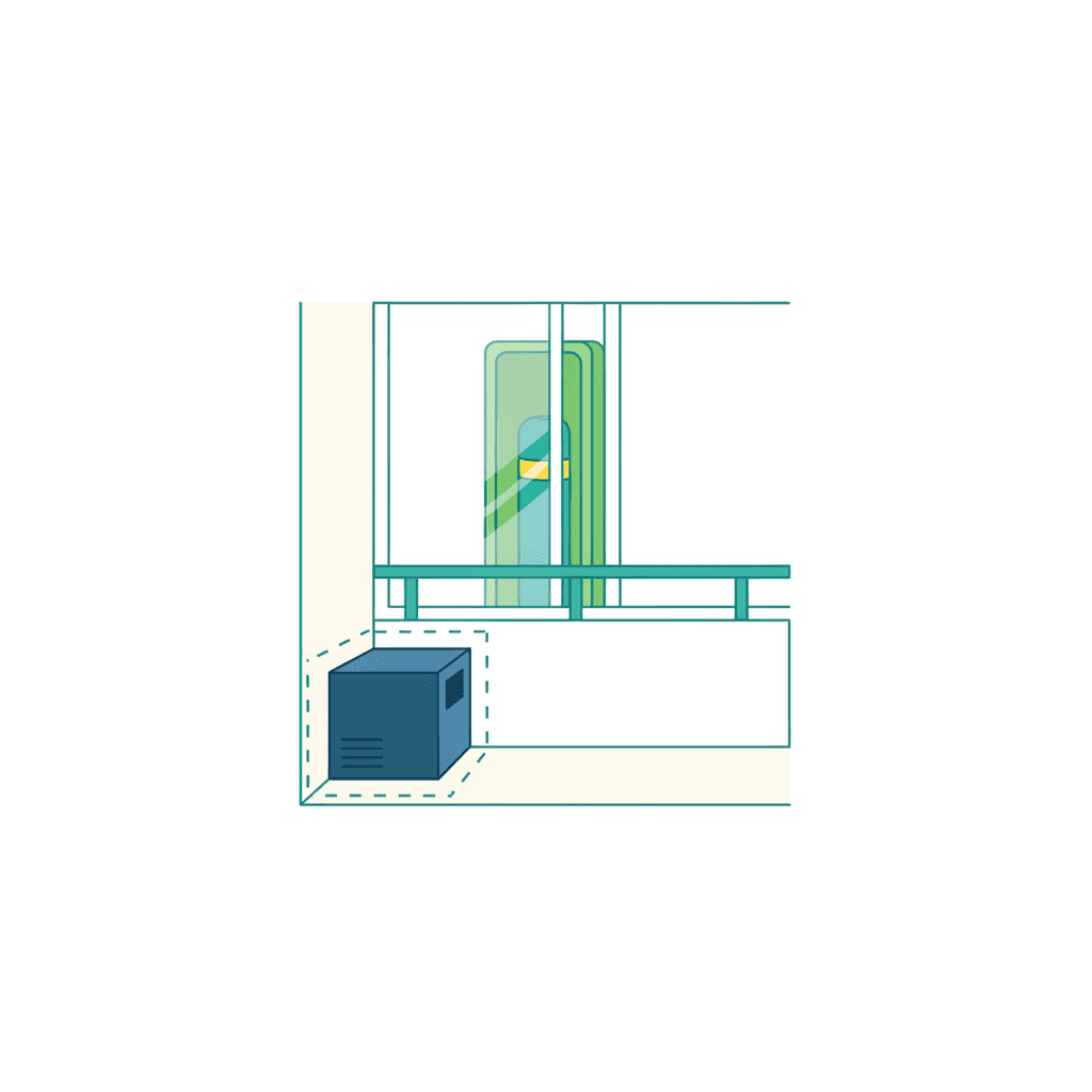 Plano de un piso de 70-80 m² señalando dónde suele ir la unidad exterior de la aerotermia, el hidrokit y el depósito de agua caliente