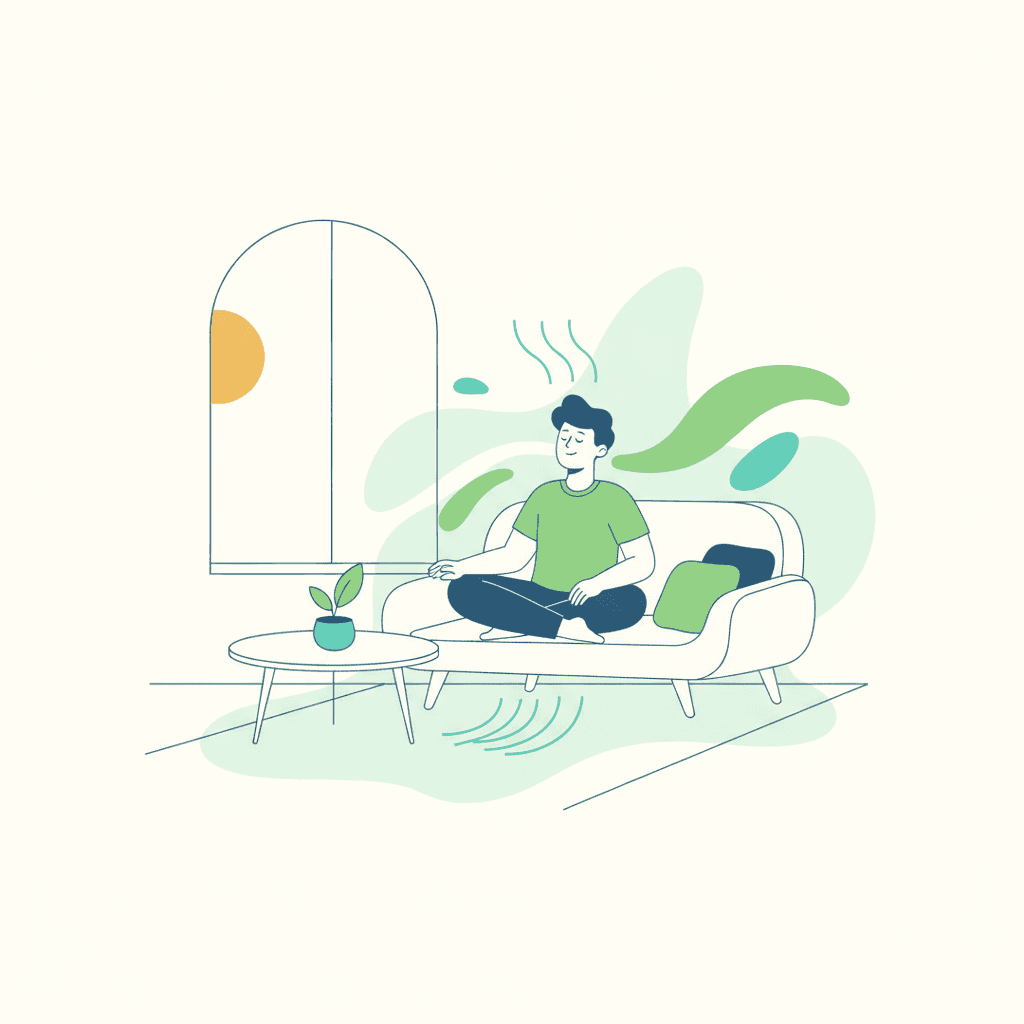 Ilustración vectorial plana de un salón con suelo radiante y una ventana entreabierta, mostrando el aire en calma junto al emisor de calor y una corriente de ventilación entrando por la ventana, sin texto
