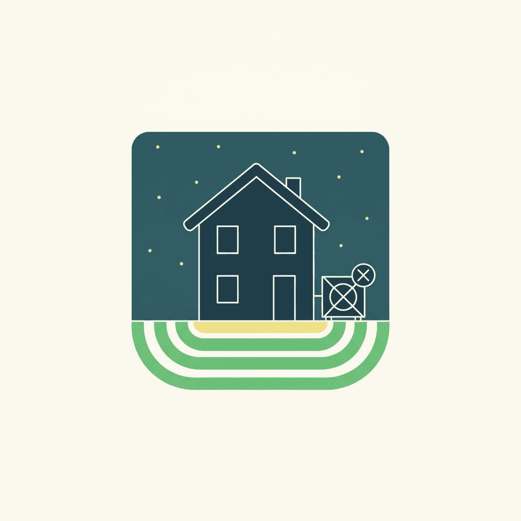 Ilustración vectorial plana de una vivienda con una unidad exterior de aerotermia y un rayo tachado indicando un corte de luz, sin texto