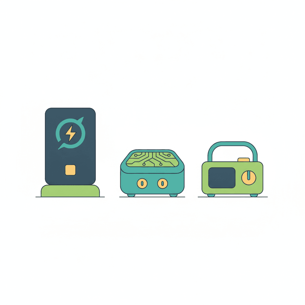 Ilustración vectorial plana con iconos de una batería solar, un SAI y un grupo electrógeno como soluciones de respaldo eléctrico para una vivienda, sin texto