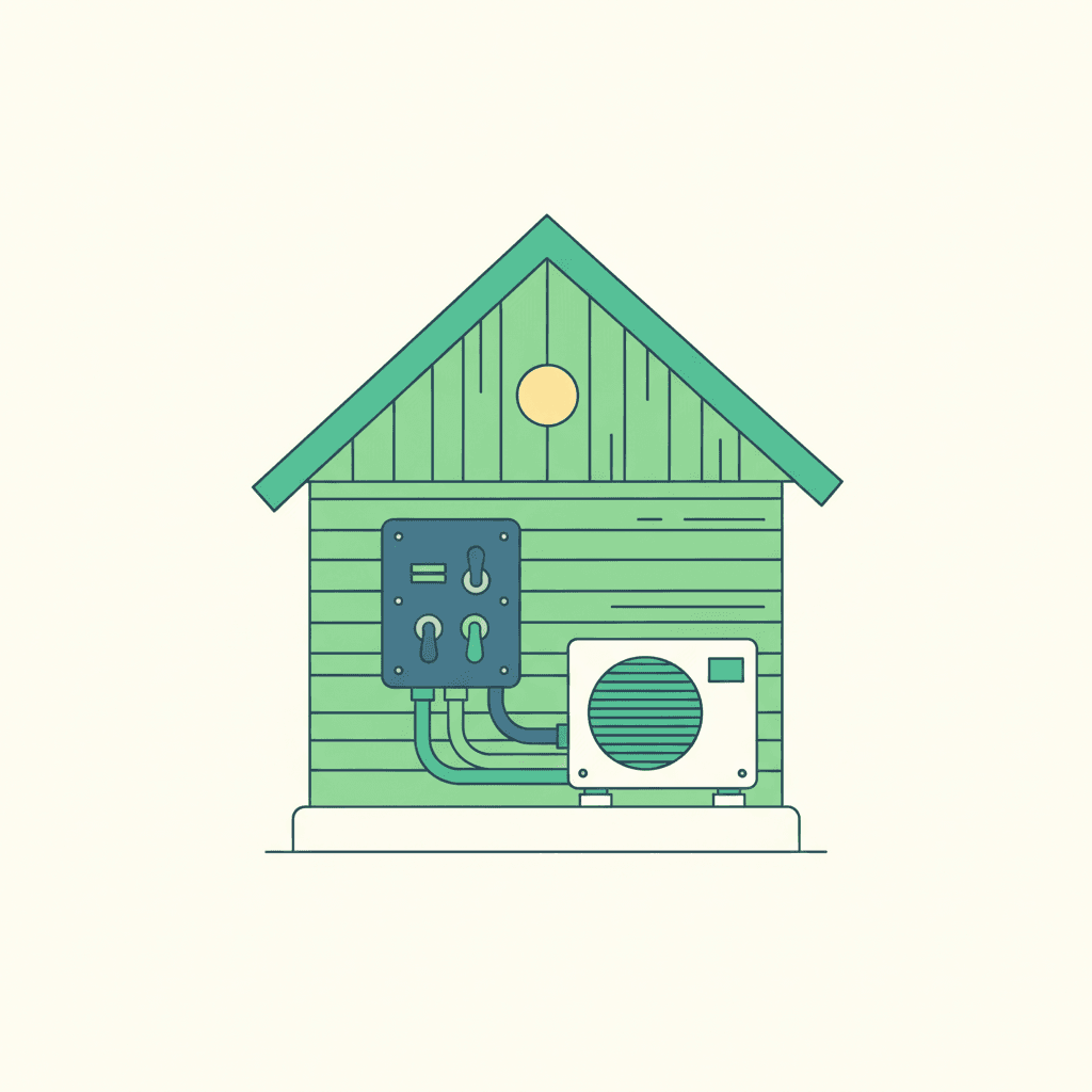 Ilustración vectorial plana de una vivienda antigua en corte mostrando el cuadro eléctrico, el contador y una unidad exterior de aerotermia conectada por un cable, sin texto