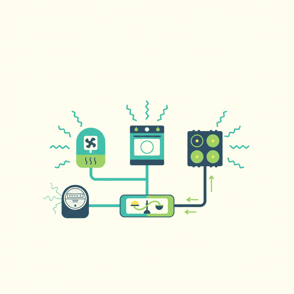 Ilustración vectorial plana de un contador eléctrico con un indicador de potencia contratada subiendo y un icono de factura con el término fijo destacado, sin texto