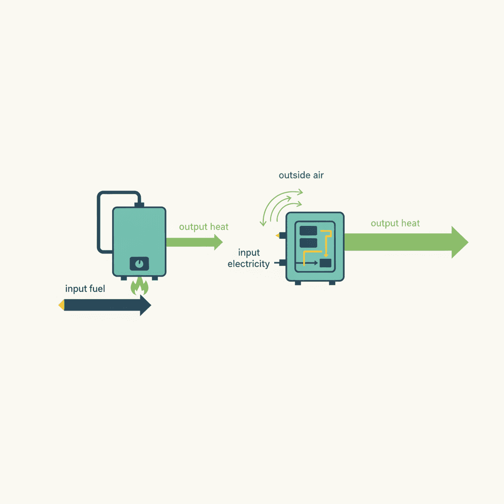 Dos columnas comparando aerotermia y caldera de gas natural con iconos de rendimiento, término fijo y refrigeración para cada sistema, ilustración vectorial plana sin texto