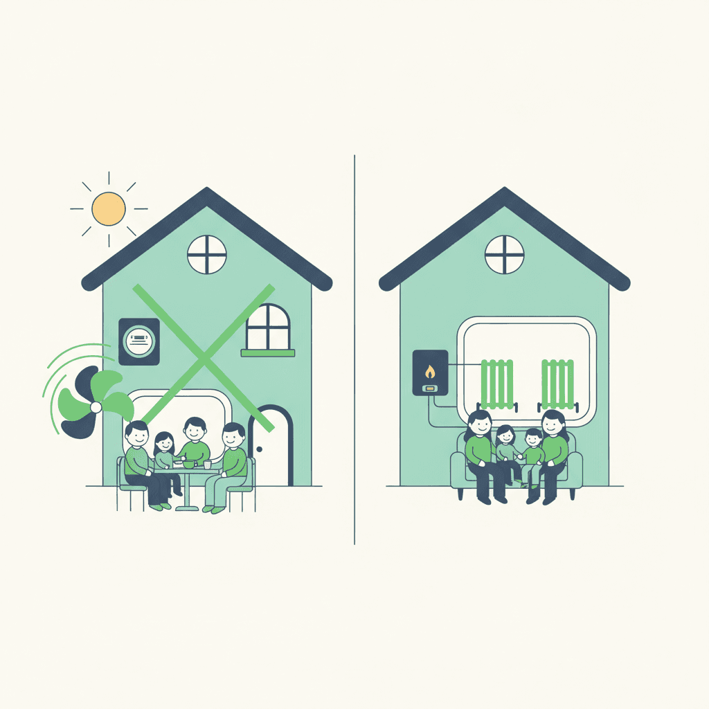 Escenarios de vivienda donde encaja cada sistema: una casa con radiadores de alta temperatura y caldera reciente frente a una casa con suelo radiante y unidad exterior de aerotermia, ilustración vectorial plana sin texto