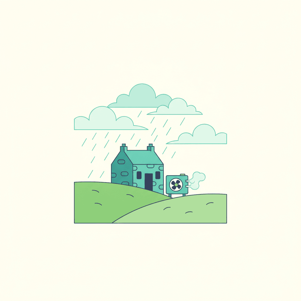Vivienda cálida en un paisaje costero atlántico con niebla y llovizna suave, con una unidad exterior de aerotermia bien ventilada junto a la fachada, ilustración vectorial plana sin texto