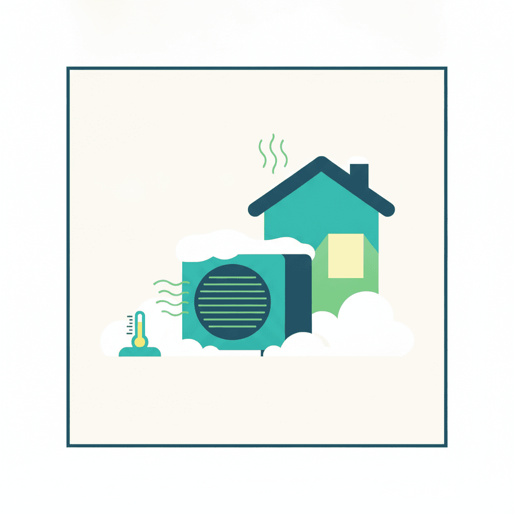Ilustración de una vivienda en una ola de frío con nieve y viento helado, con la unidad exterior de una aerotermia en la fachada y luz cálida en las ventanas