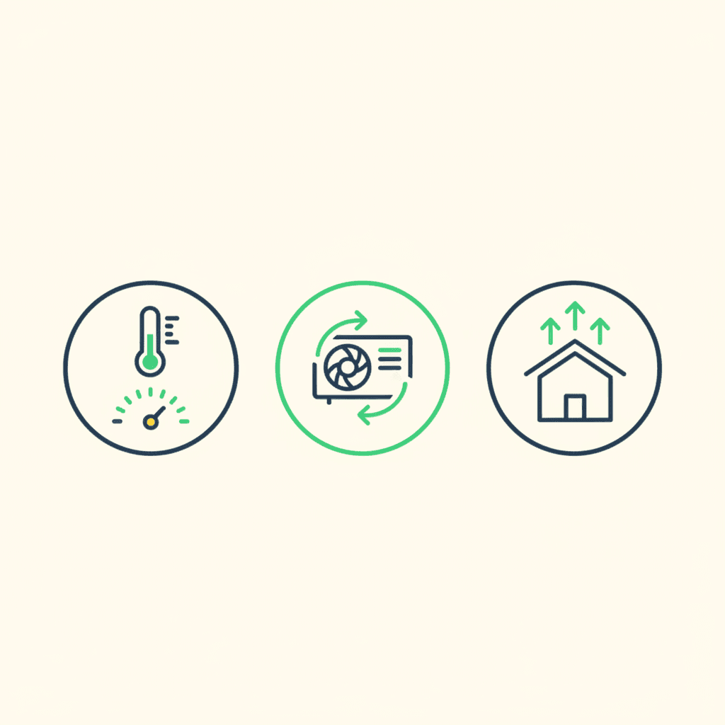 Diagrama con tres iconos que representan por qué sube el consumo de la aerotermia en frío intenso: rendimiento COP más bajo, ciclos de descarche y mayor demanda de calor de la vivienda