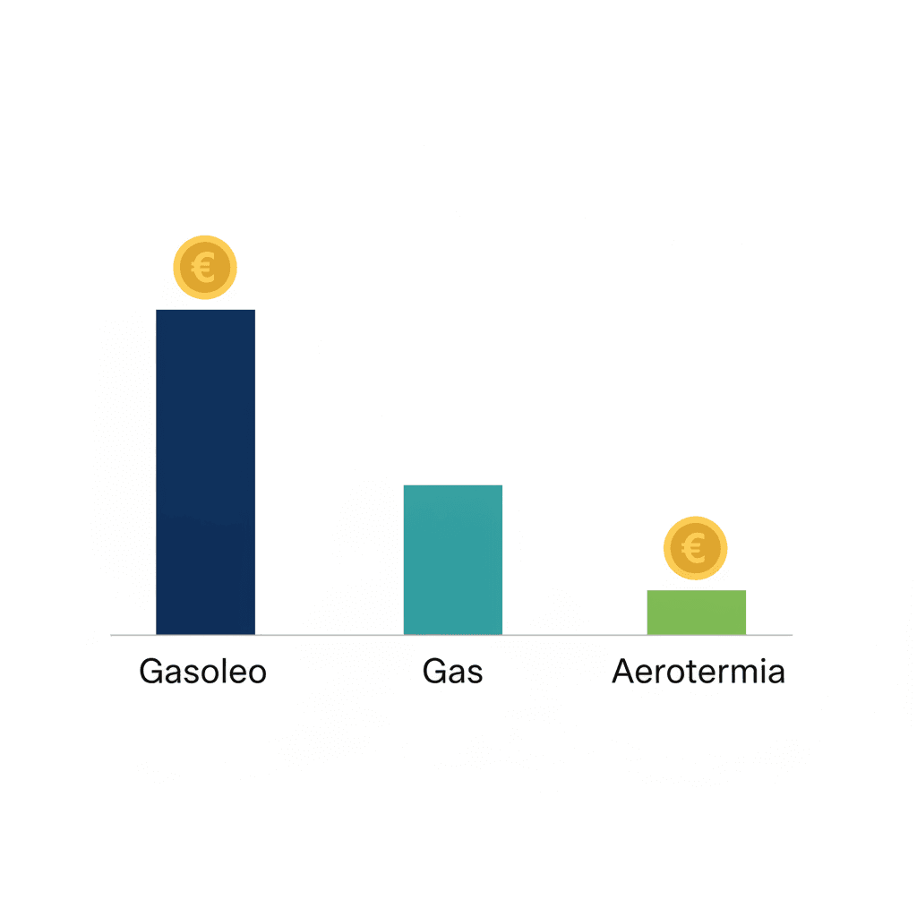 Comparativa de coste anual de calefacción: gasóleo, gas y aerotermia, con la aerotermia como la más barata