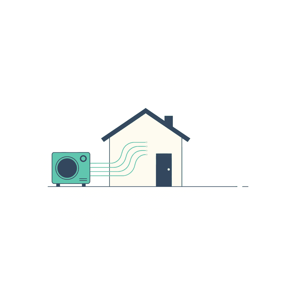 Ilustración de una unidad de aerotermia junto a una casa, con el calor del aire exterior pasando al hogar