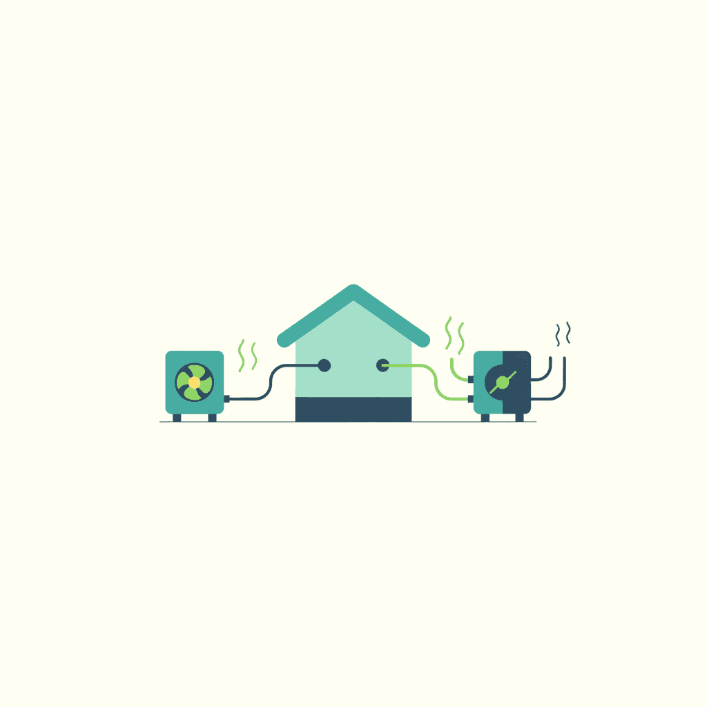 Ilustración vectorial plana de una vivienda en corte con una bomba de calor de aerotermia en el exterior y flechas de aire fresco entrando y aire viciado saliendo por un sistema de ventilación mecánica, sin texto