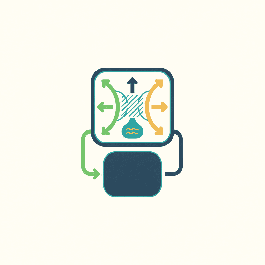 Ilustración vectorial plana de un recuperador de calor conectado a los conductos de una vivienda, con flechas mostrando cómo el calor del aire viciado que sale se transfiere al aire fresco que entra, sin texto