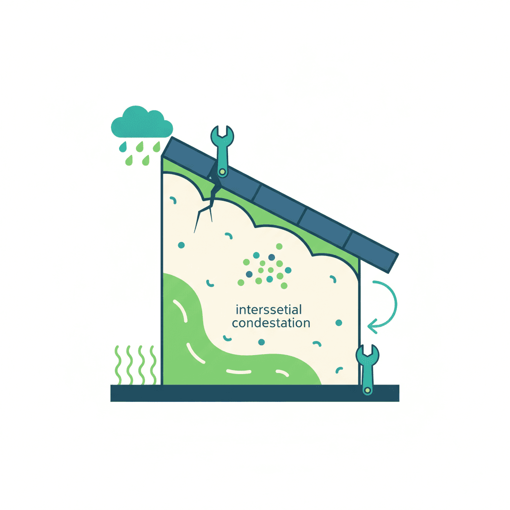 Ilustración vectorial plana de una vivienda en corte mostrando una filtración en la cubierta y humedad ascendente por capilaridad en un muro llegando hasta el aislamiento, sin texto