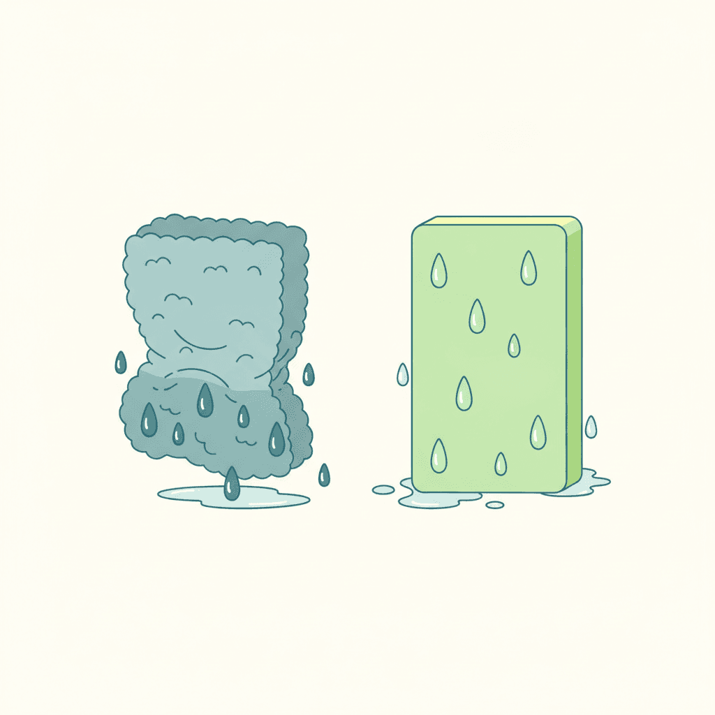Ilustración vectorial plana comparando distintos materiales aislantes frente a la humedad: fibras de lana mineral apelmazadas junto a paneles de célula cerrada tipo EPS o XPS, sin texto