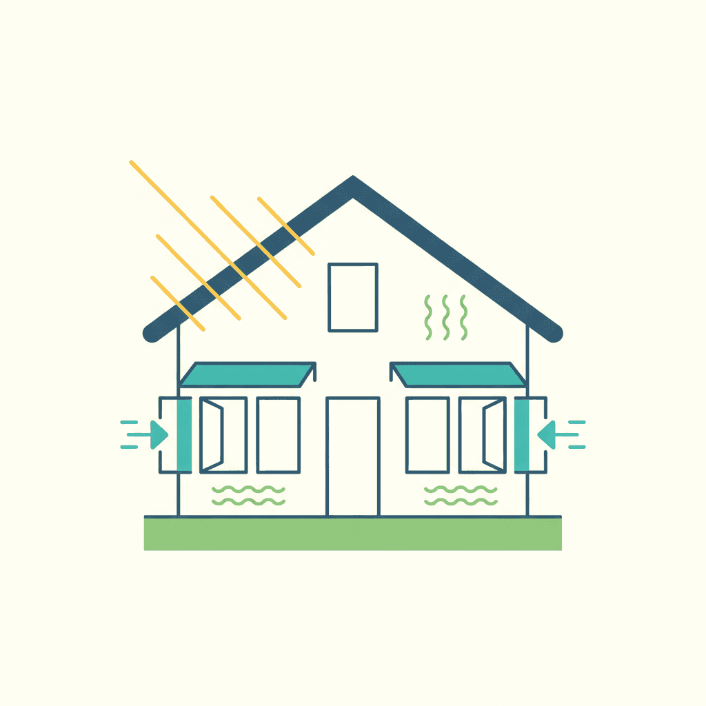 Ilustración vectorial plana mostrando el flujo de calor en una vivienda en verano: el sol calentando la cubierta y los vidrios durante el día, y flechas de aire cruzado saliendo por las ventanas durante la noche, sin texto