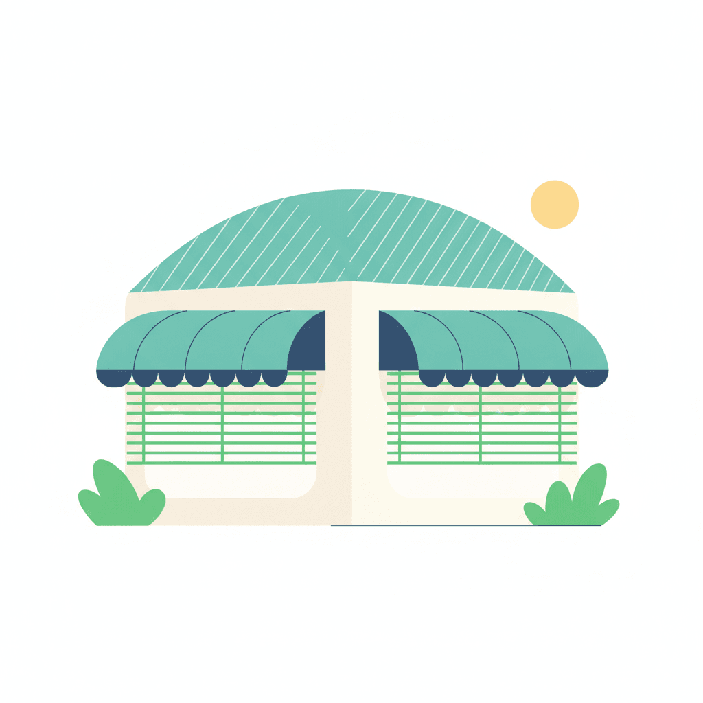 Ilustración vectorial plana de una vivienda en corte en un día soleado, con persianas exteriores bajadas en las ventanas y flechas mostrando el sol reflejado antes de entrar por el vidrio, sin texto