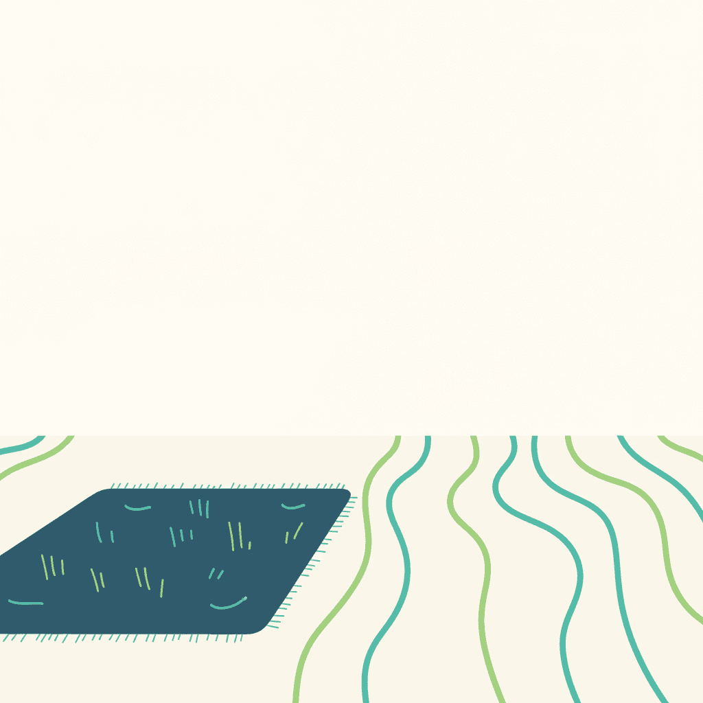 Ilustración vectorial plana de un salón con una alfombra sobre suelo radiante y un sofá con patas altas, sin texto