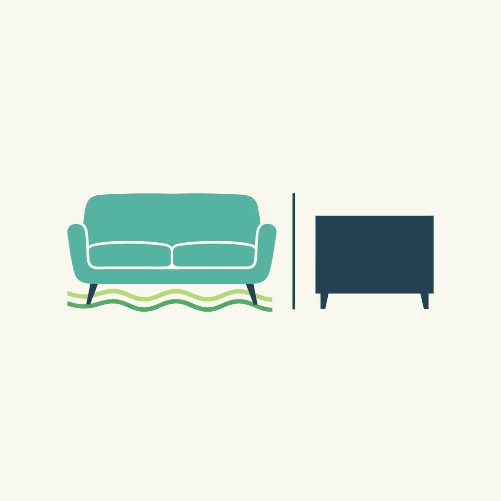 Ilustración vectorial plana comparando un mueble con patas altas frente a un armario empotrado apoyado directamente sobre el suelo radiante, sin texto