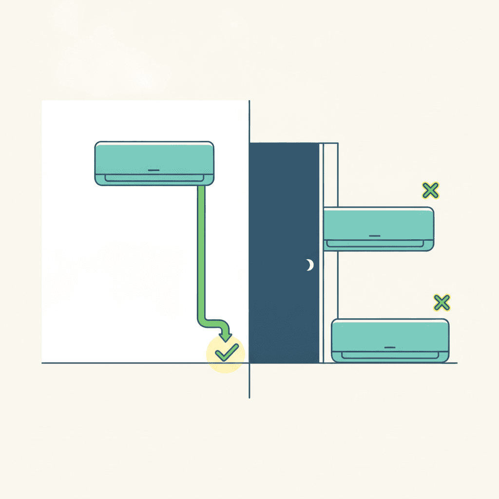 Ilustración vectorial plana comparando una instalación correcta de un split en lo alto de una pared despejada frente a errores típicos: unidad demasiado baja, detrás de una puerta y apuntando directamente a una cama