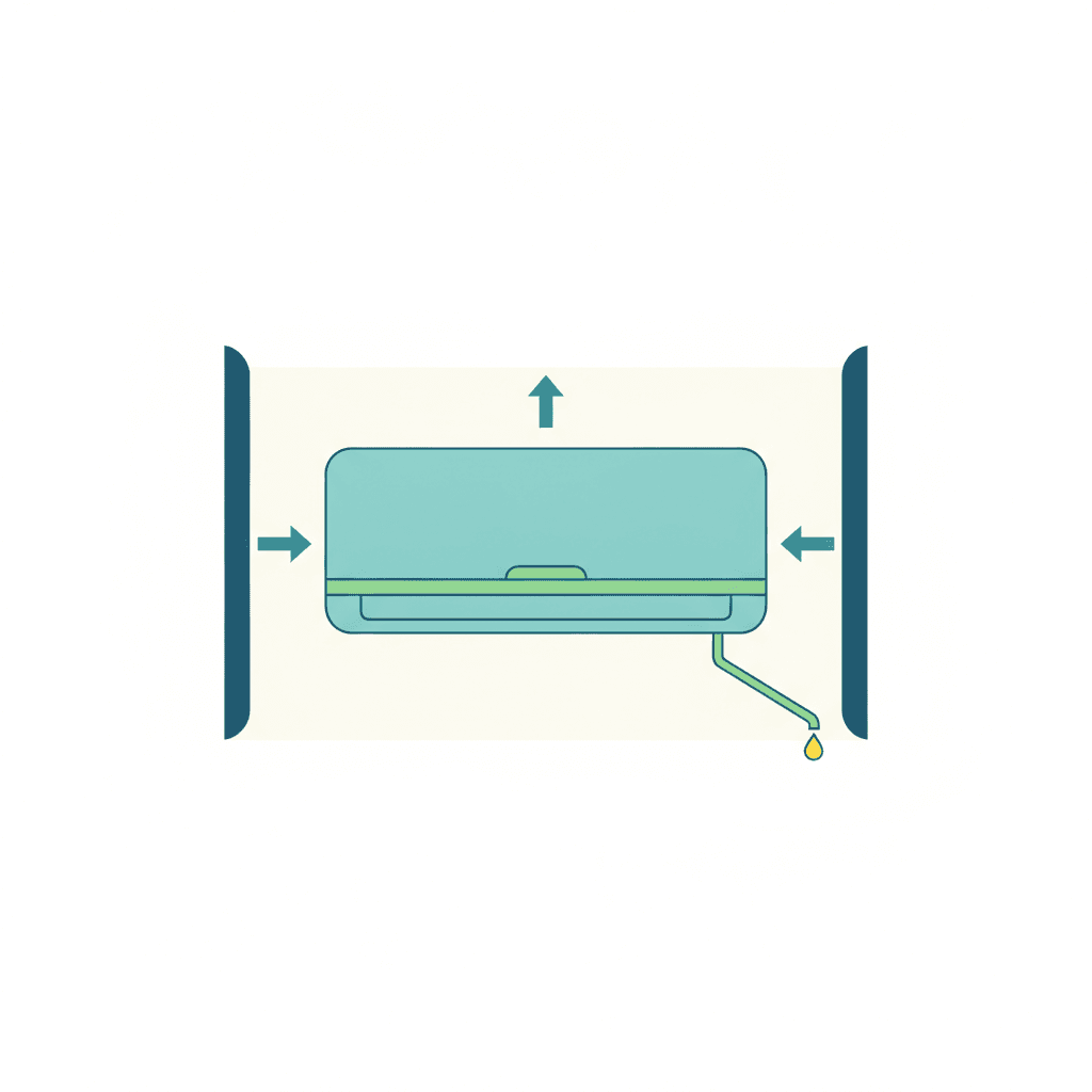 Diagrama vectorial plano de un split de pared con cotas ilustrativas: hueco libre por encima de la unidad, separación lateral a cada lado y el tubo de desagüe bajando con pendiente hacia el exterior