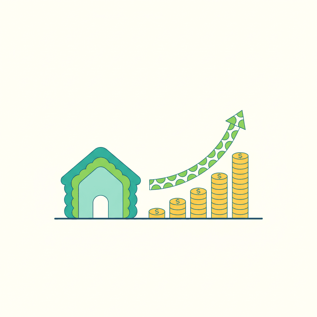 Una vivienda aislada junto a una curva ascendente que representa cómo el ahorro recupera la inversión con el tiempo