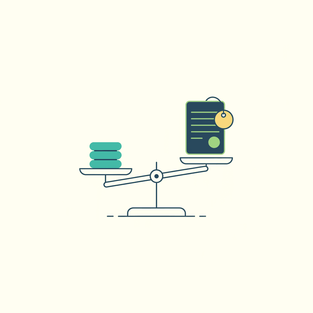 Ilustración vectorial plana de un documento de aval bancario con un sello y una balanza al lado representando una garantía frente a un importe adelantado, sin texto