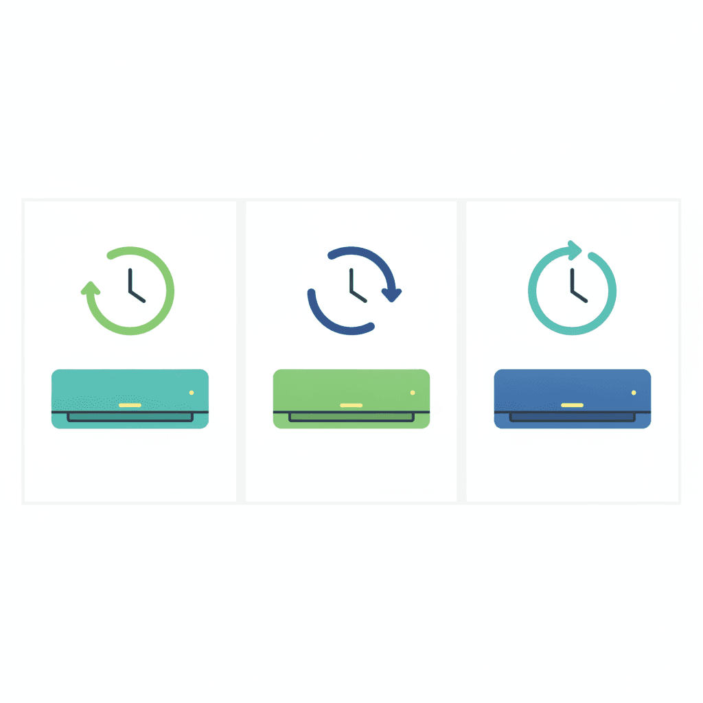 Tres escenarios con iconos de reloj (fuera poco rato, medio día y todo el día) y un split con el estado recomendado marcado por color