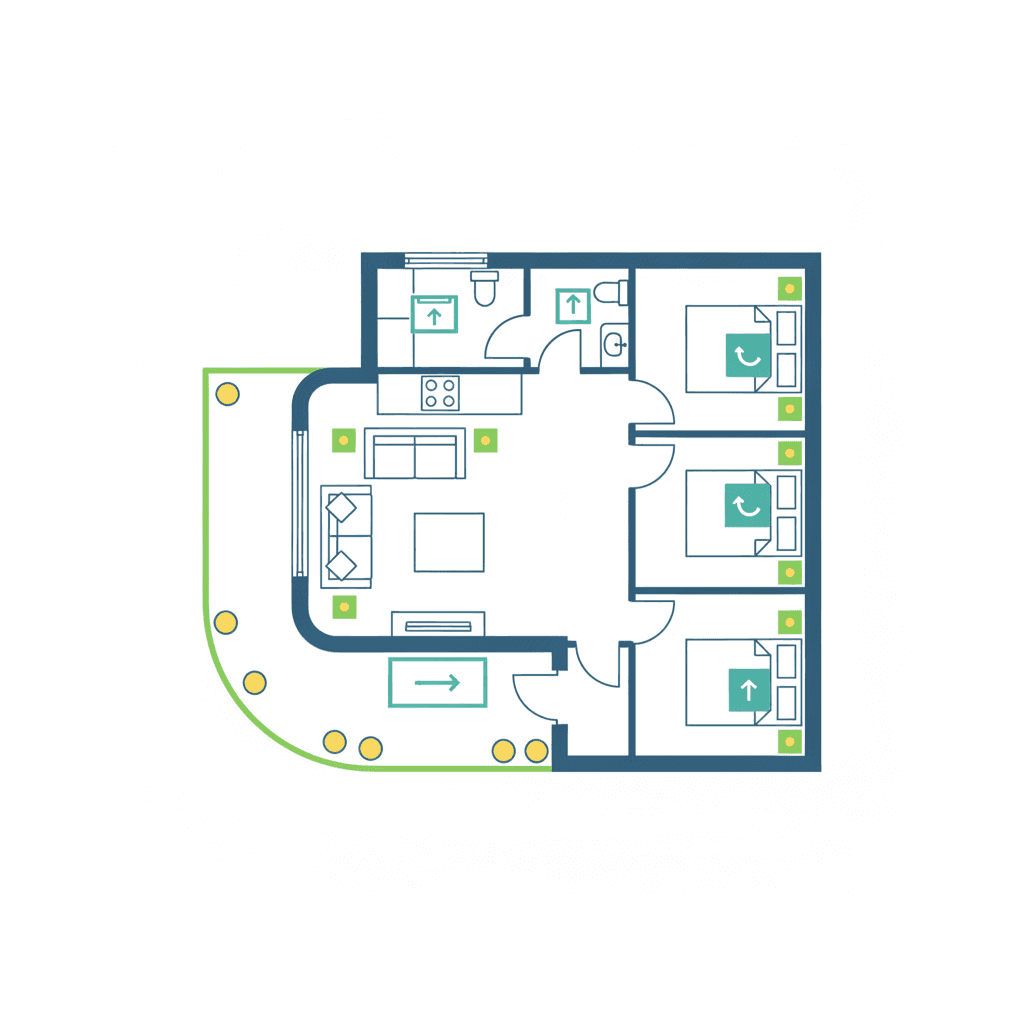 Plano de una vivienda con la apertura de ventana recomendada en cada estancia: corredera en el salón que da a la terraza, oscilobatiente en los dormitorios y abatible en el baño pequeño