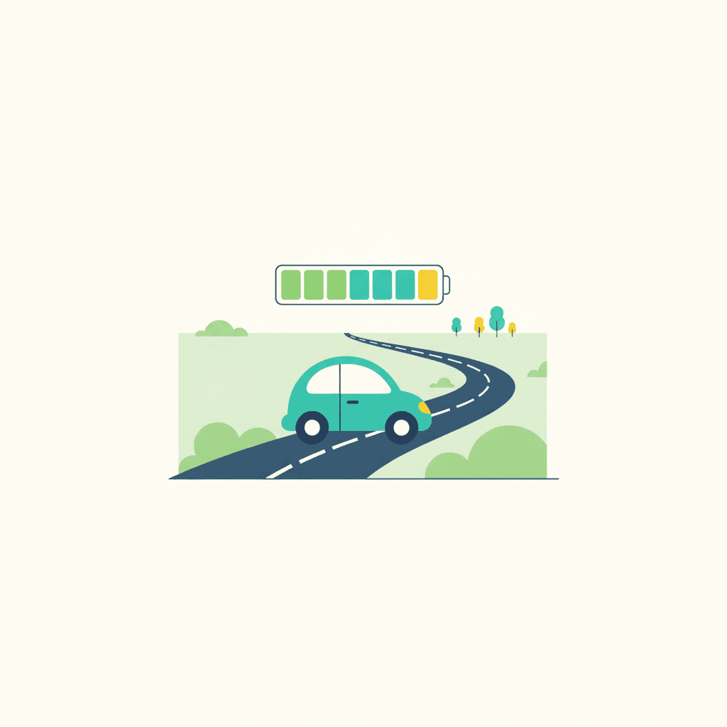 Coche eléctrico en una carretera con un indicador de batería y kilómetros de autonomía