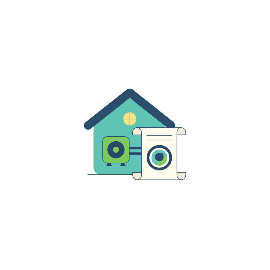 Ilustración de una vivienda con una bomba de calor de aerotermia y, al lado, un documento de solicitud de ayuda con un sello de registro