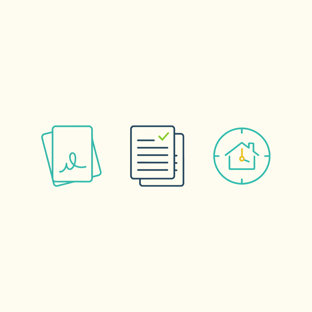 Ilustración vectorial plana de un documento de autorización con dos firmas, una junto al icono de llave de vivienda y otra junto a un icono de factura, sin texto