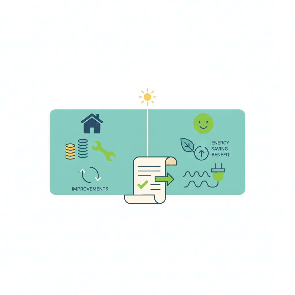 Ilustración vectorial plana con dos columnas de iconos: una con ventana, aislamiento y bomba de calor bajo la figura del propietario, y otra con un electrodoméstico y un contrato bajo la figura del inquilino, sin texto