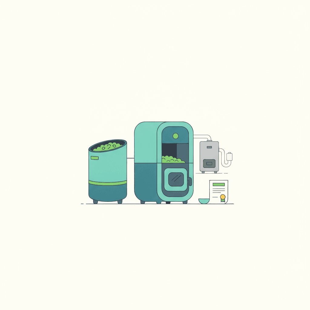 Ilustración vectorial plana de una vivienda con una caldera de biomasa, un silo de pellets junto a la fachada y una furgoneta de reparto de sacos de pellet, sin texto