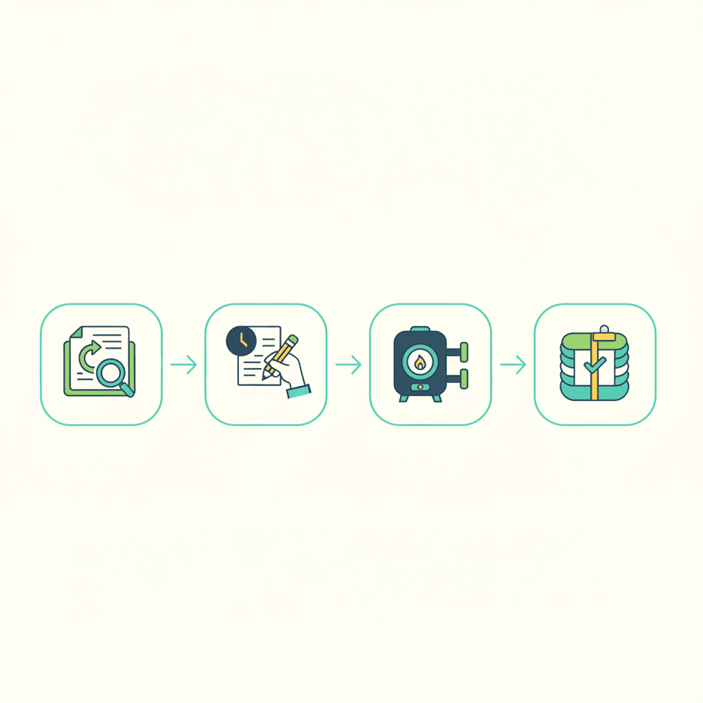 Ilustración vectorial plana con iconos de los pasos de una solicitud de ayuda: un documento de solicitud, una lupa sobre un presupuesto, un sello de resolución y una factura con un icono de pago bancario, sin texto