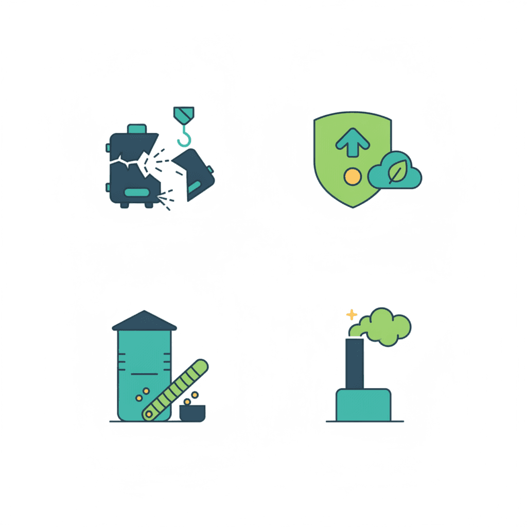 Ilustración vectorial plana de un corte de vivienda mostrando un silo textil de pellets, un tornillo de alimentación hacia la caldera de biomasa y una salida de humos en la fachada, sin texto