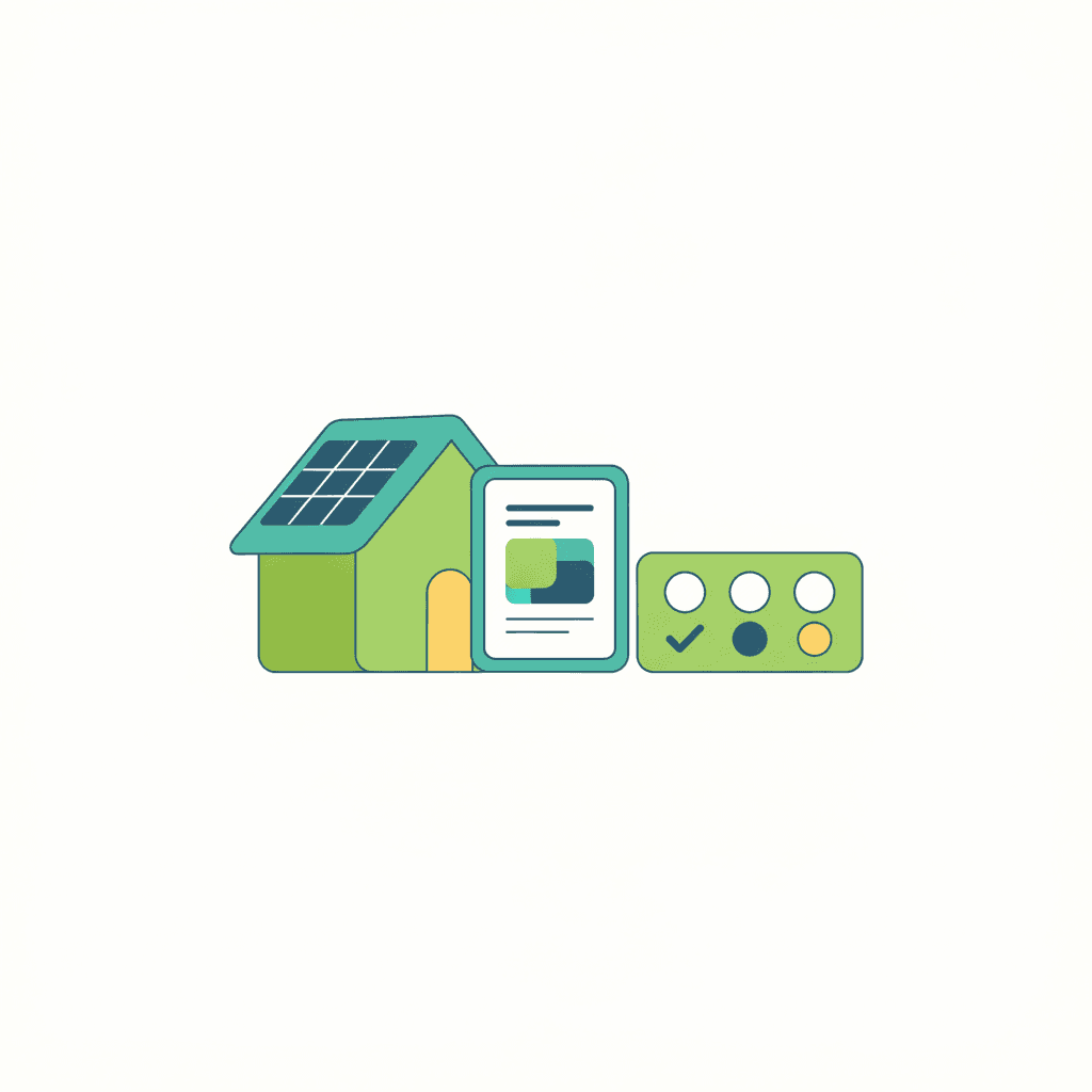 Ilustración de una vivienda con placas solares en el tejado y, al lado, un documento de solicitud de ayuda con un sello de registro oficial