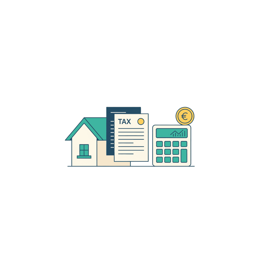 Una vivienda junto a un formulario de la declaración y una calculadora con un euro