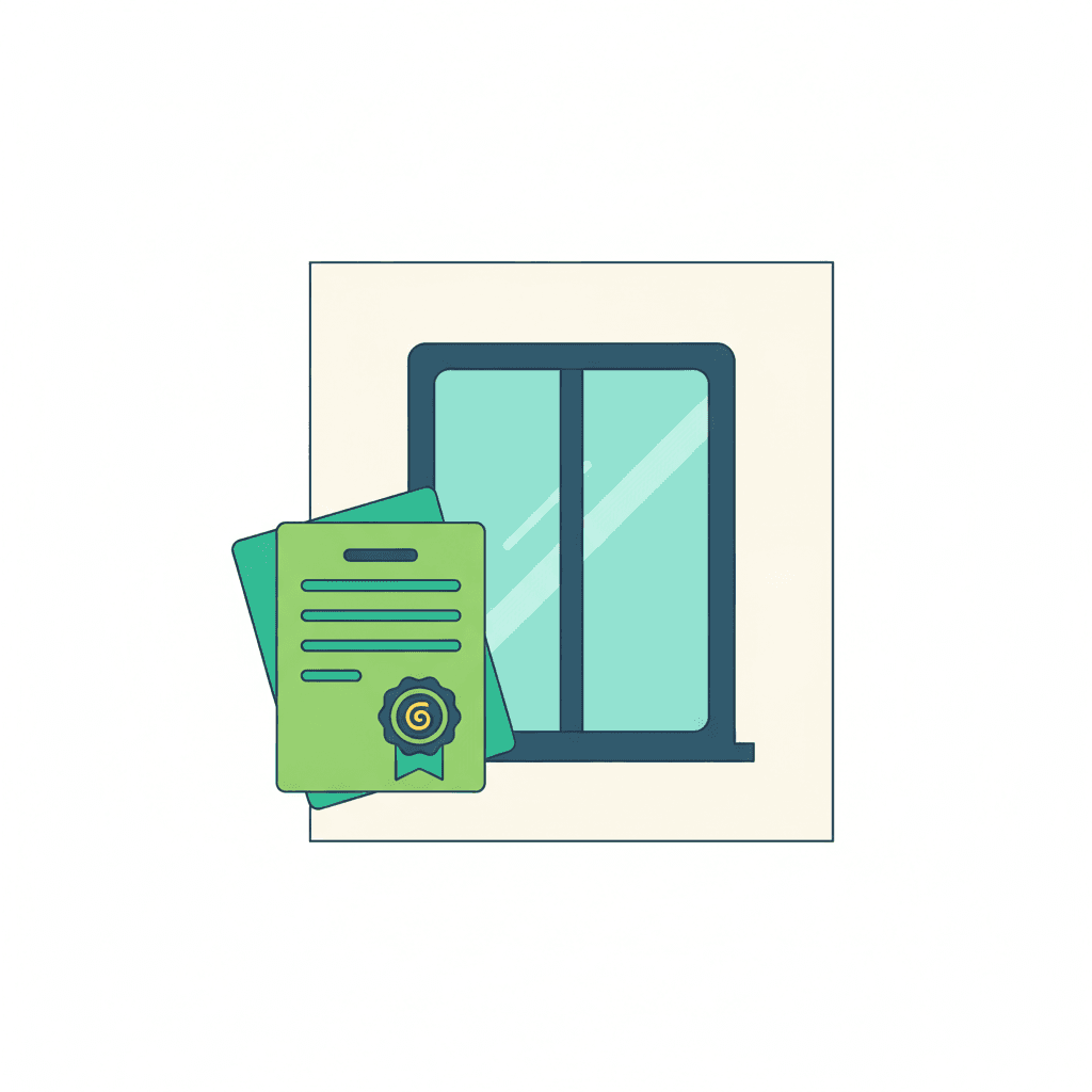 Ilustración de una ventana nueva instalada en la fachada de una vivienda y, al lado, un documento de solicitud de ayuda con un sello de registro oficial