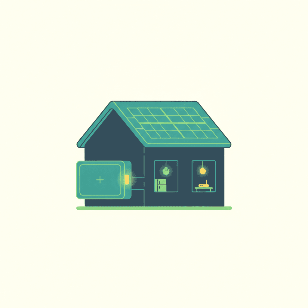 Una casa con placas y batería iluminando solo unos circuitos esenciales durante un apagón