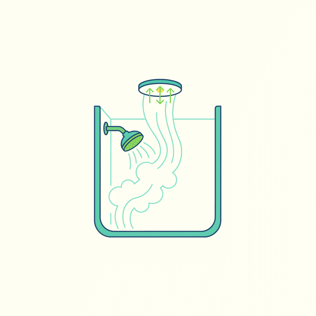 Un baño con vapor de la ducha siendo extraído por la boca de un recuperador de calor en el techo